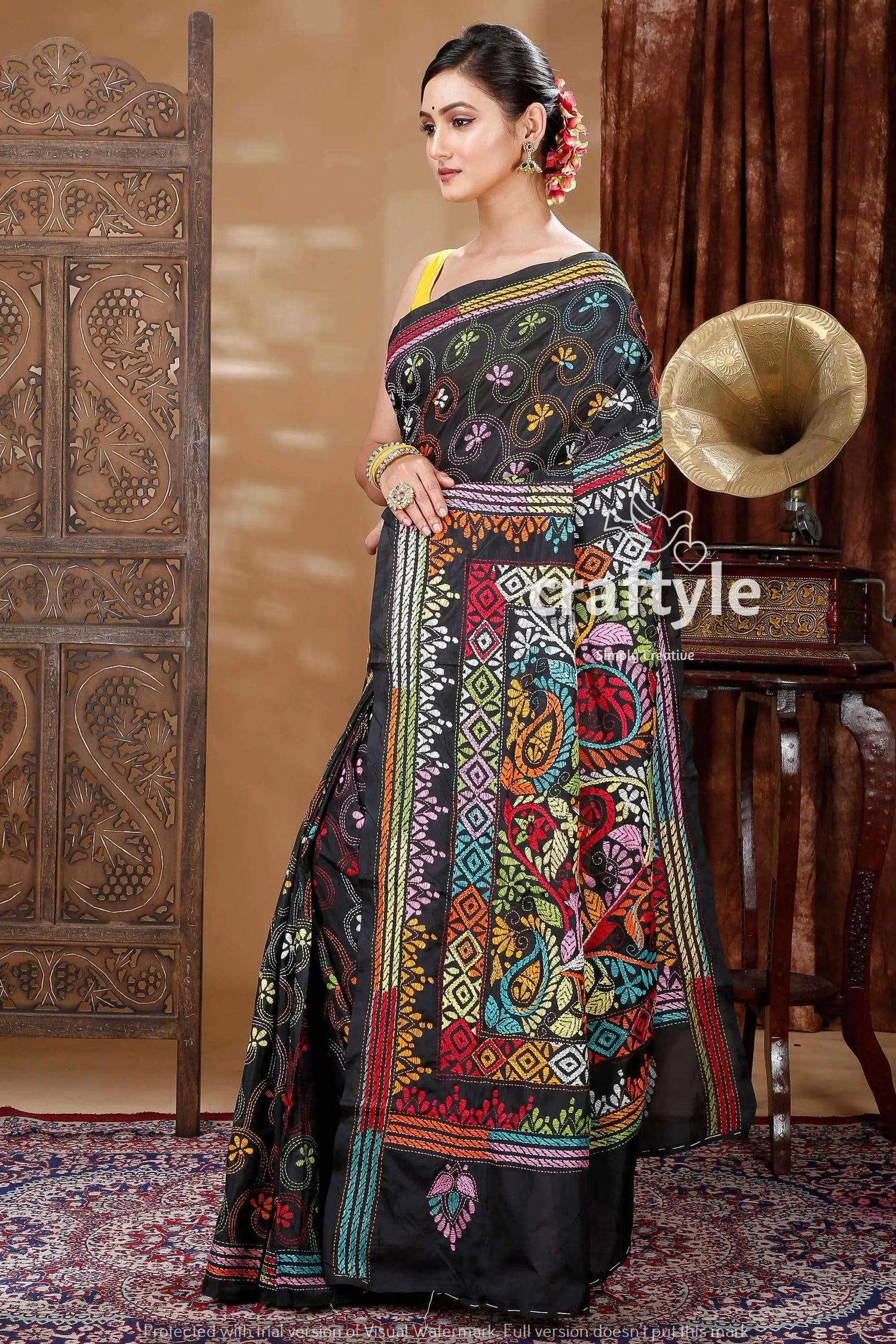 Coal black hand embroidered silk kantha saree black saree colorful embroidery 3