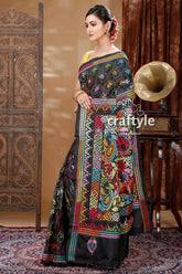 Coal black hand embroidered silk kantha saree black saree colorful embroidery 3