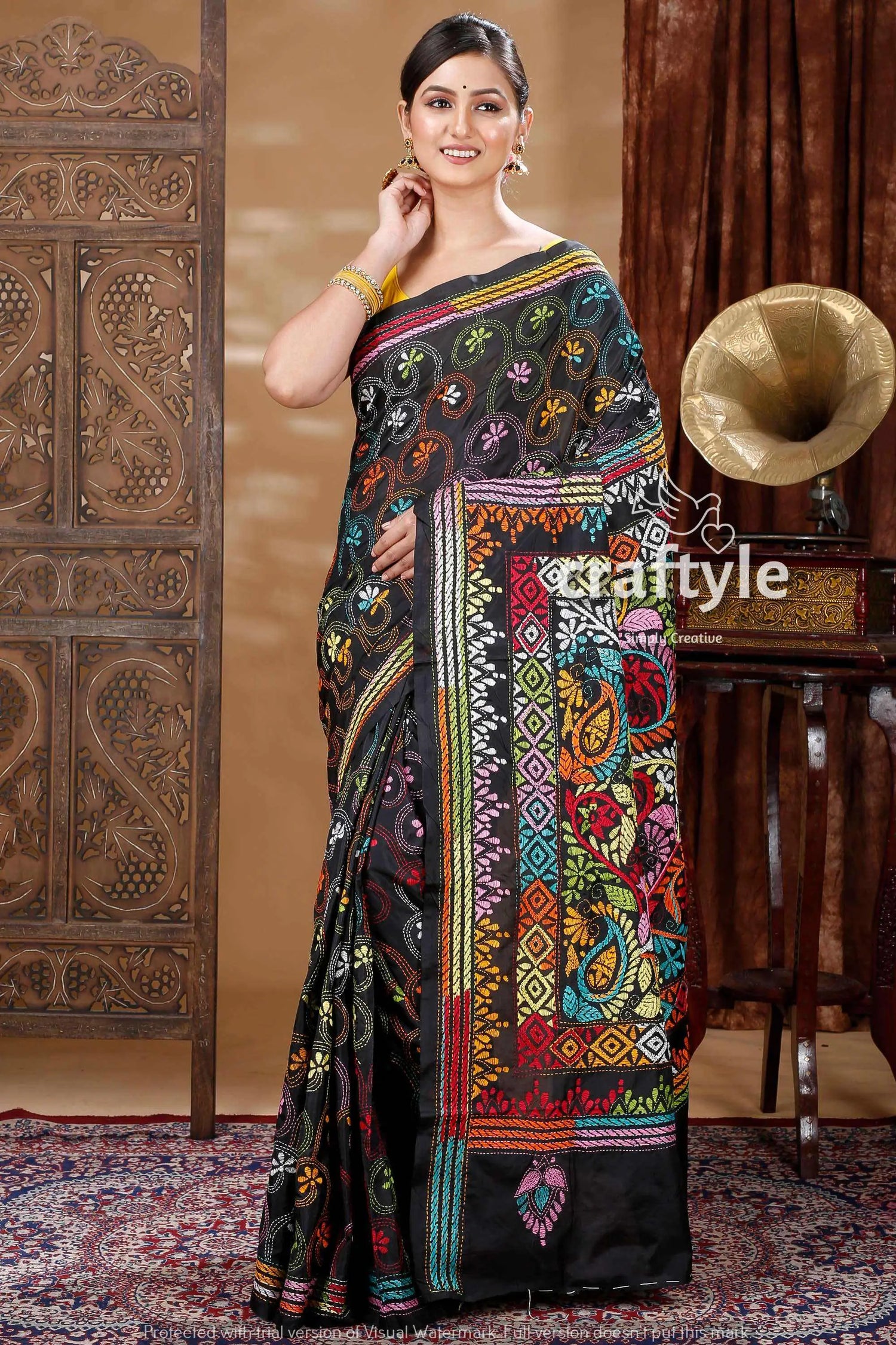 Coal black hand embroidered silk kantha saree black saree colorful embroidery 1