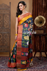 Coal black handcrafted zari border pure tussar kalamkari sari woman colorful saree 2