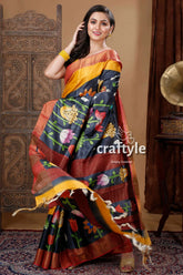 Coal black handcrafted zari border pure tussar kalamkari sari floral-patterned saree yellow red accents 5