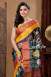 Coal black handcrafted zari border pure tussar kalamkari sari woman colorful saree 3