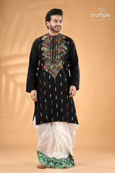 Coal black multi thread design kantha stitch cotton panjabi for men men’s black embroidered kurta white 5