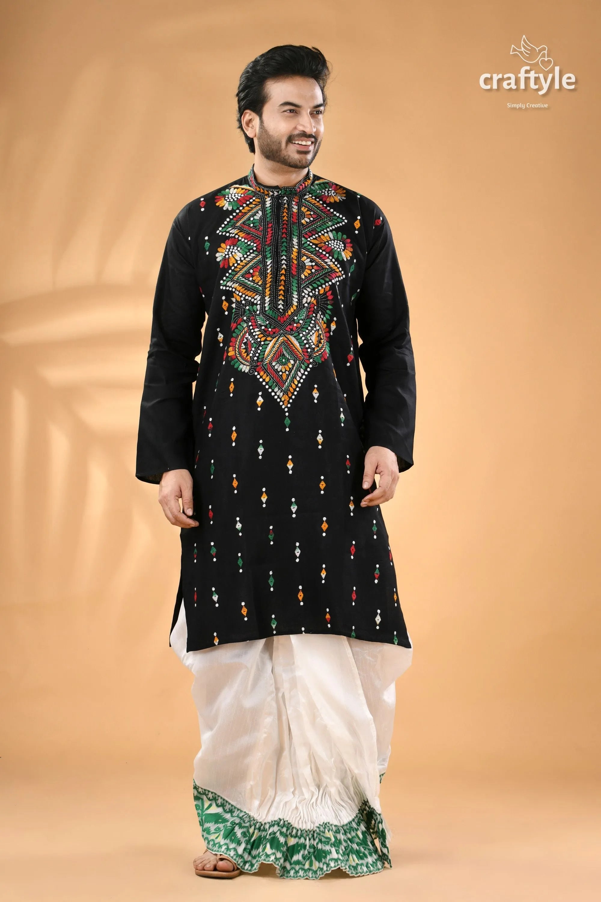 Coal black multi-thread design kantha stitch cotton panjabi for men men’s black embroidered kurta white 5