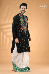 Coal black multi thread design kantha stitch cotton panjabi for men men’s black embroidered kurta white 3