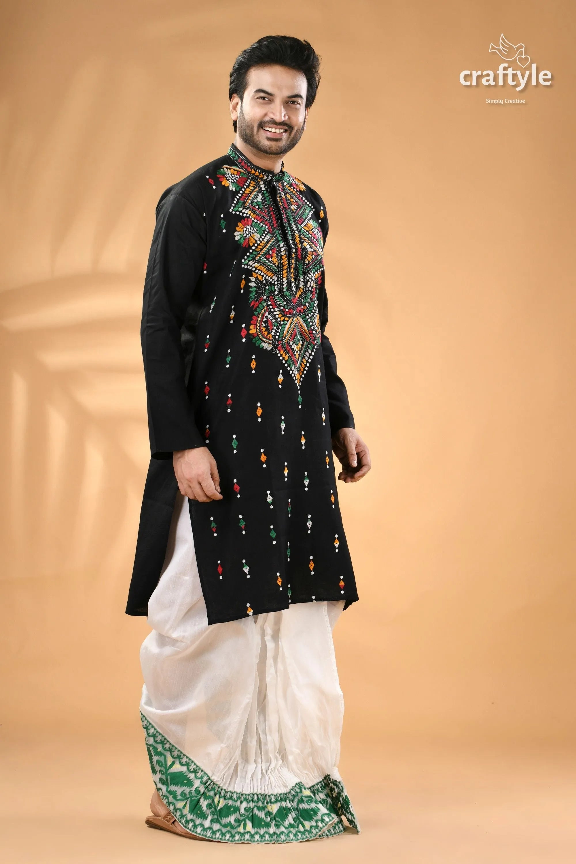 Coal black multi-thread design kantha stitch cotton panjabi for men men’s black embroidered kurta white 3