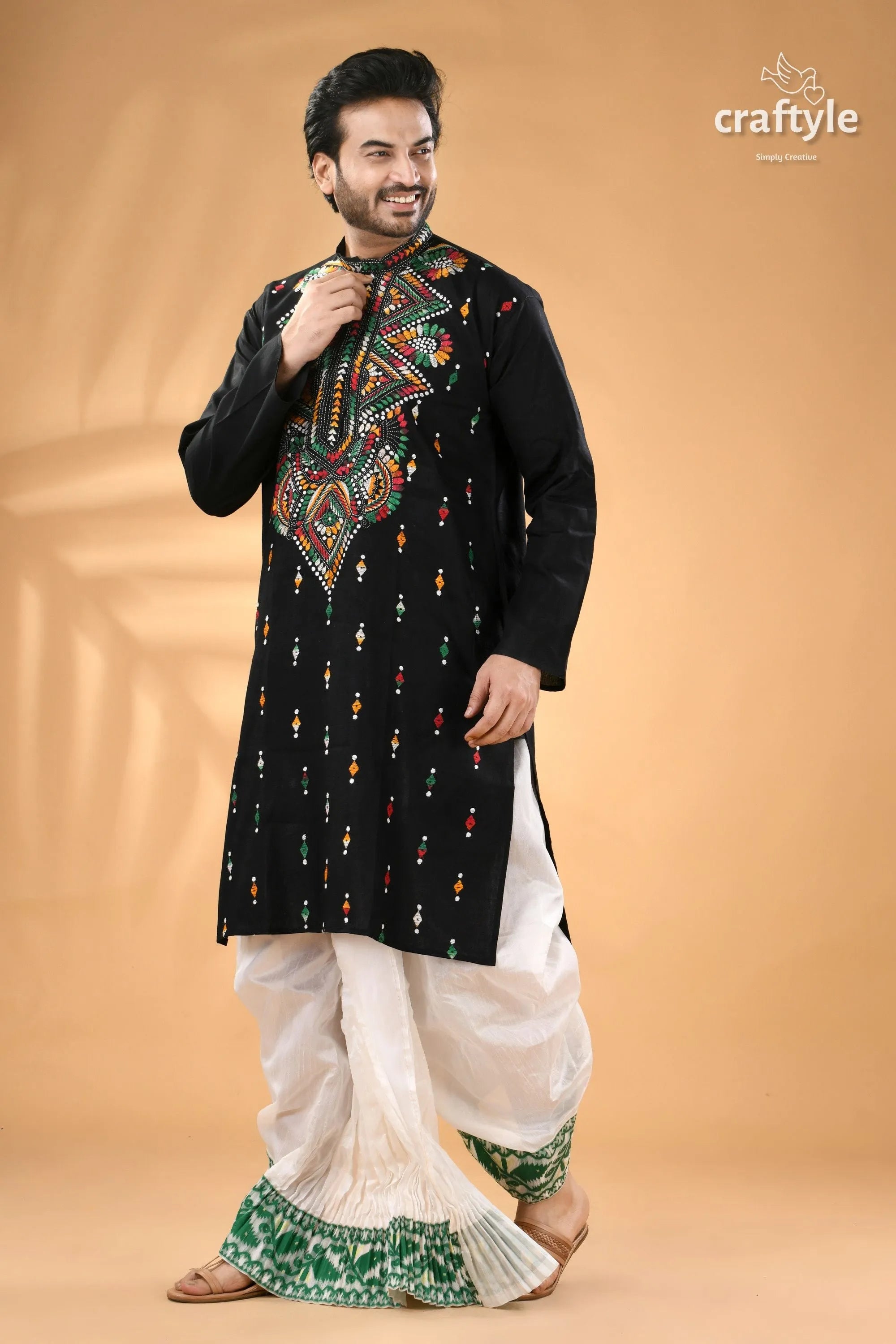Coal black multi-thread design kantha stitch cotton panjabi for men men’s black embroidered kurta white 4