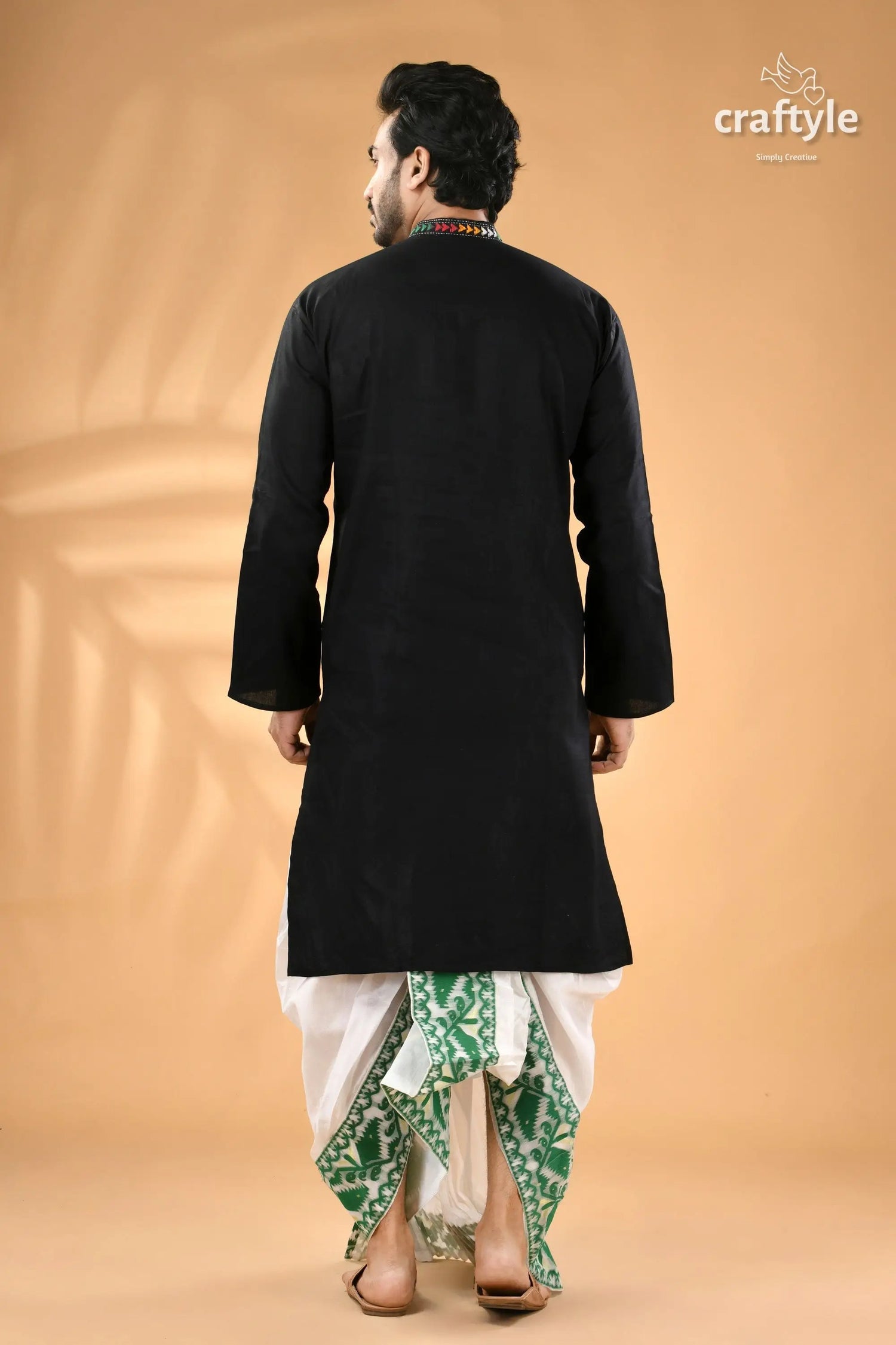 Coal black multi thread design kantha stitch cotton panjabi for men men’s black kurta white green 6