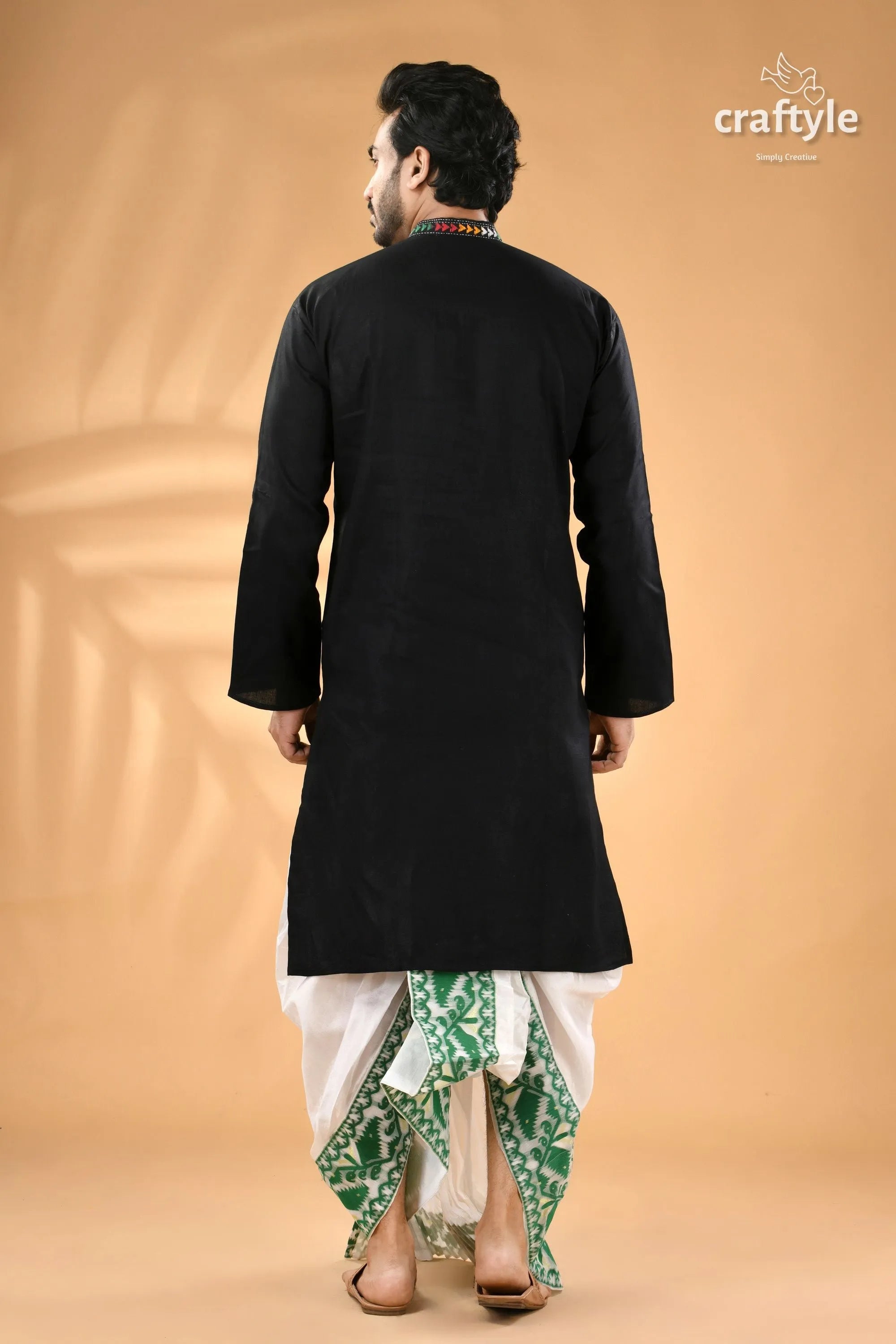Coal black multi-thread design kantha stitch cotton panjabi for men men’s black kurta white green 6