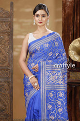 Cobalt Blue & Biscotti Color Handmade Silk Kantha Saree-Craftyle