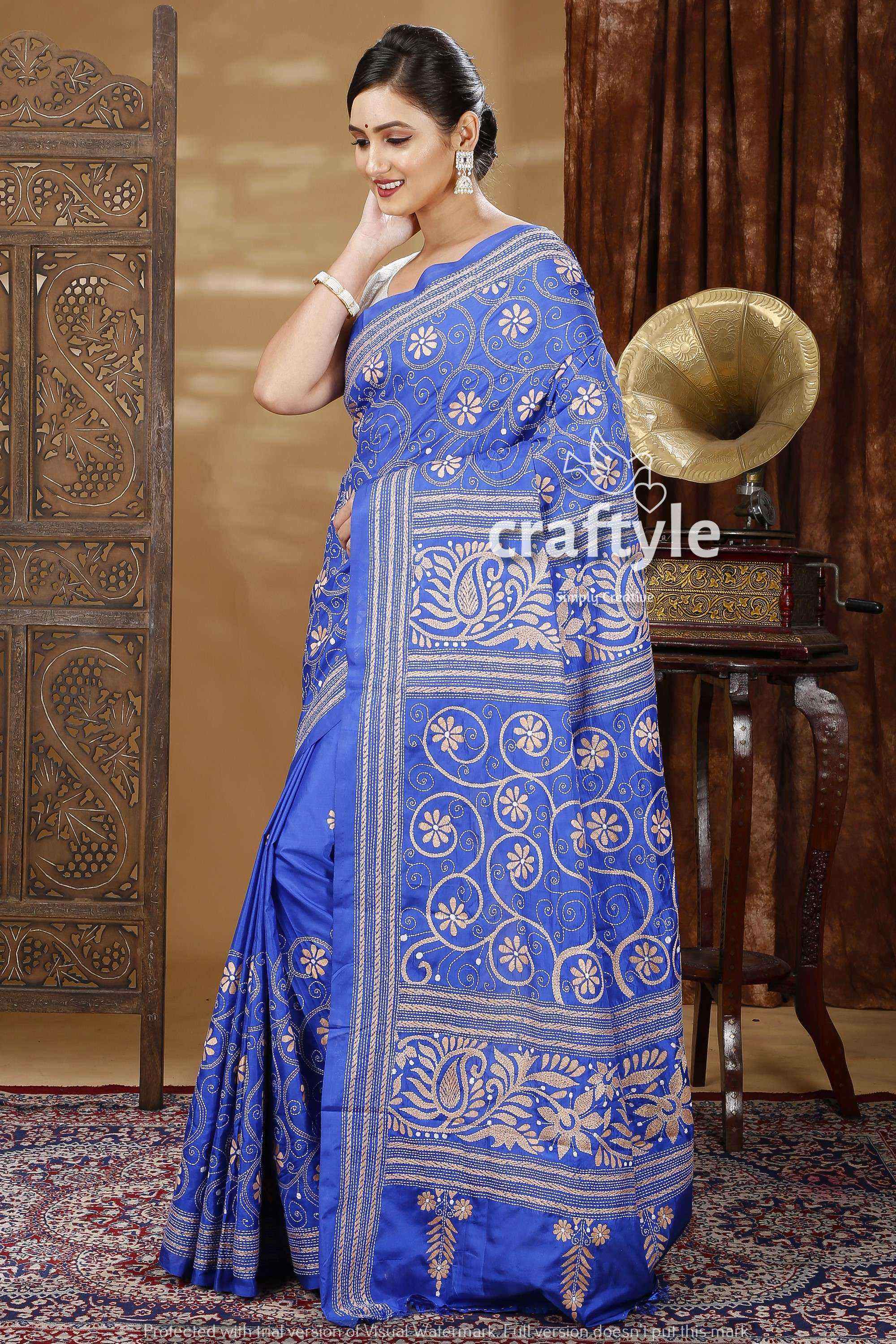 Cobalt Blue &amp; Biscotti Color Handmade Silk Kantha Saree-Craftyle