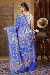 Cobalt Blue & Biscotti Color Handmade Silk Kantha Saree-Craftyle