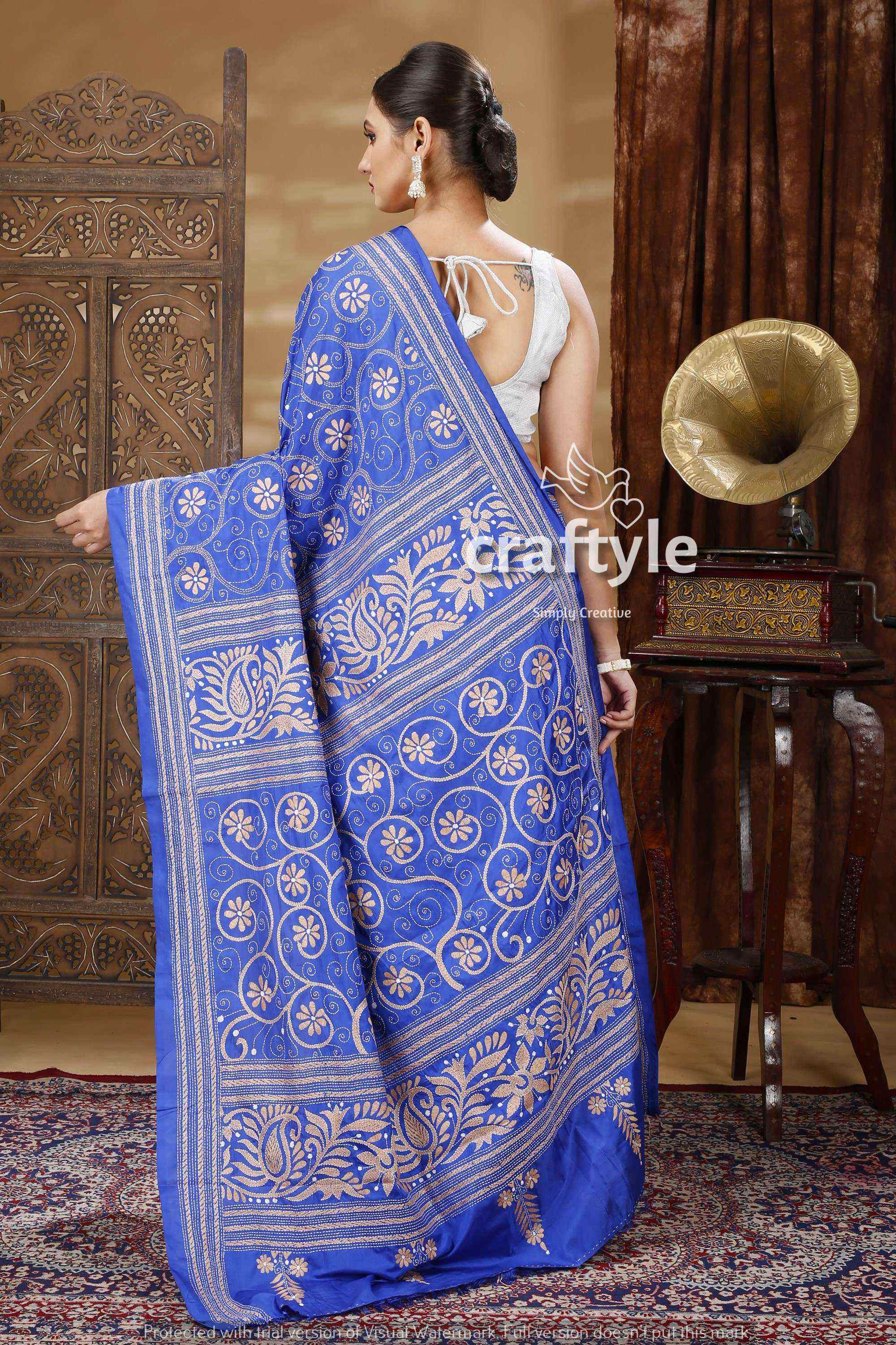 Cobalt Blue &amp; Biscotti Color Handmade Silk Kantha Saree-Craftyle