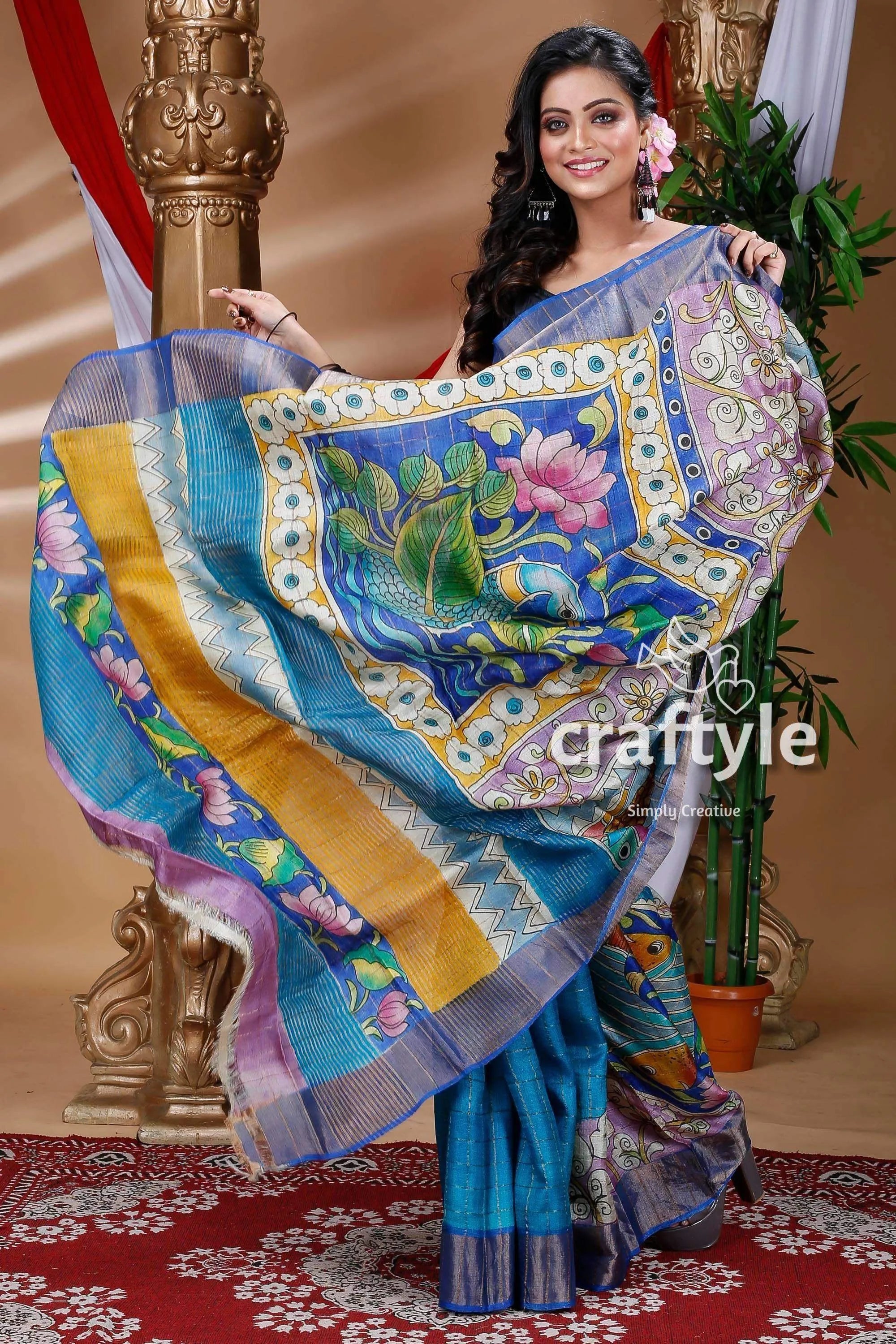 Cobalt blue hand painted zari pure tussar kalamkari saree gold patterned 4