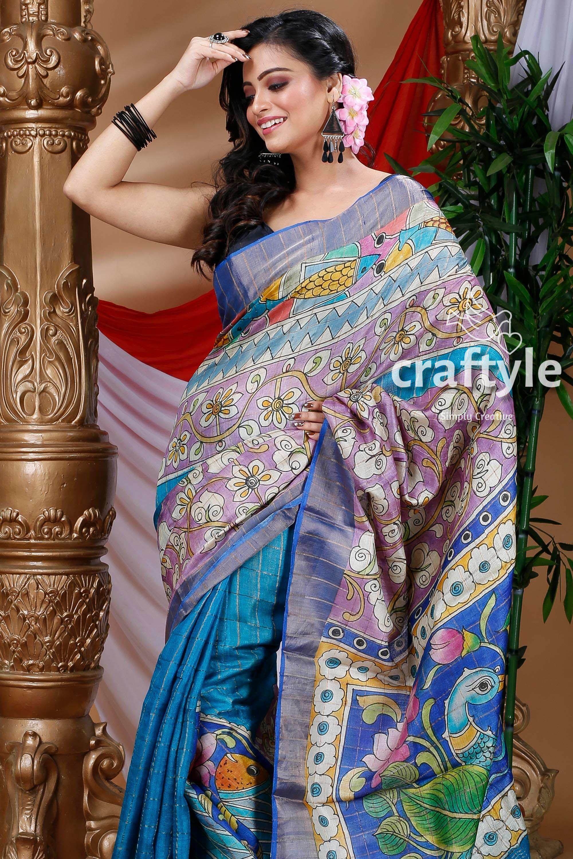 Cobalt Blue Hand Painted Zari Pure Tussar Kalamkari Saree - Craftyle