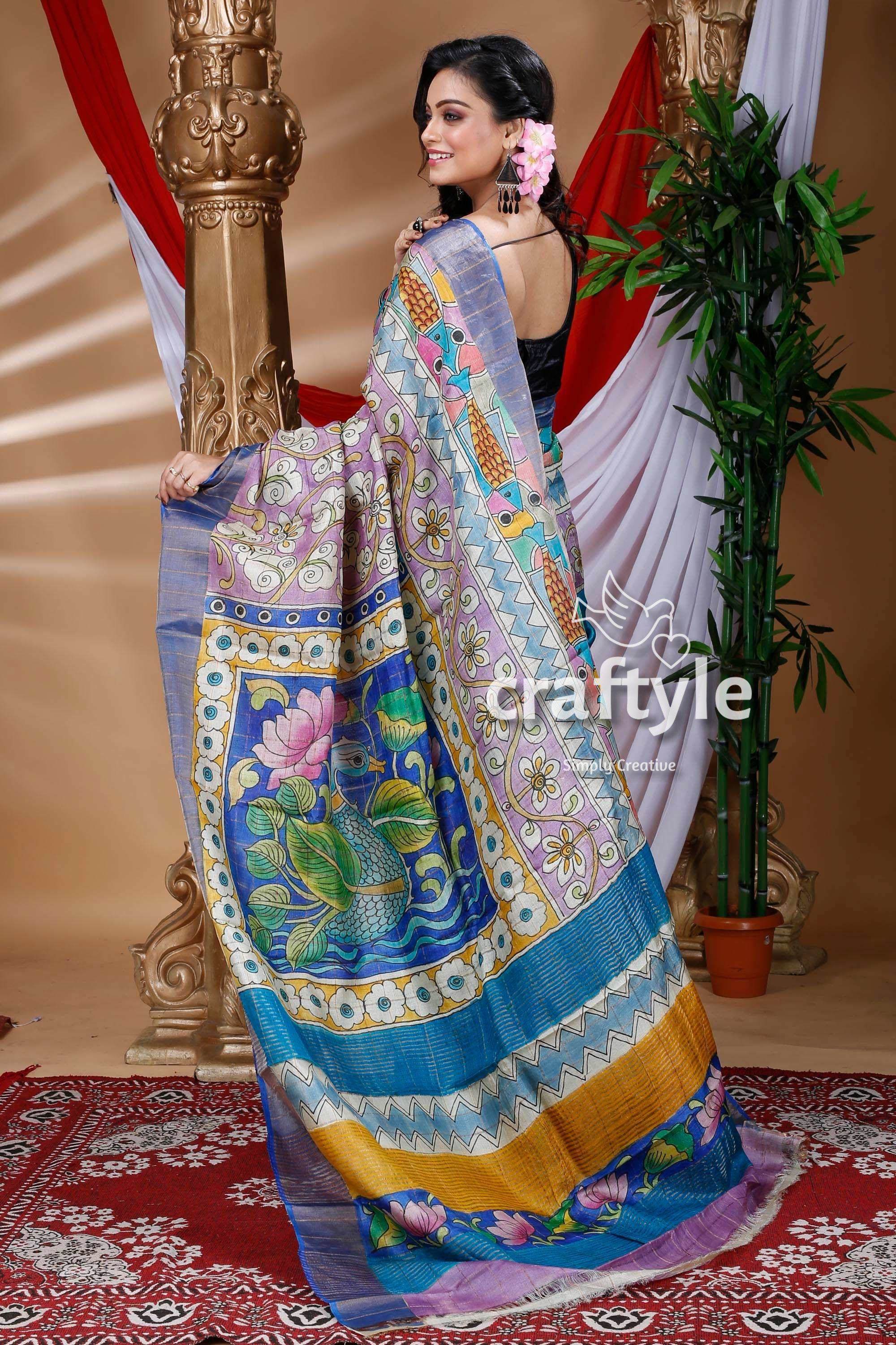 Cobalt Blue Hand Painted Zari Pure Tussar Kalamkari Saree - Craftyle