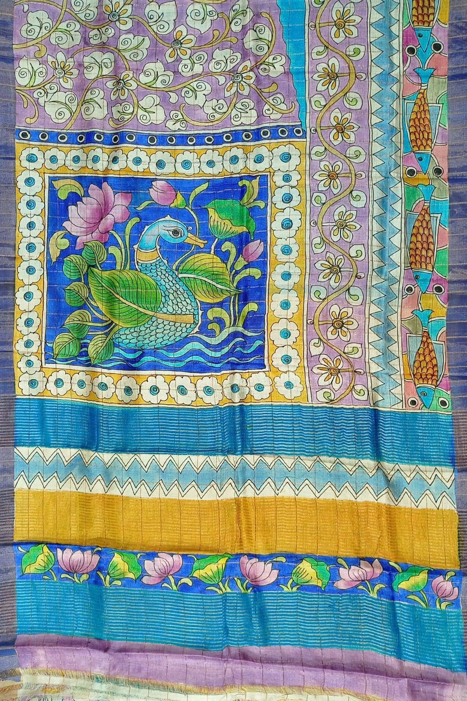 Cobalt blue hand painted zari pure tussar kalamkari saree colorful patterned fabric 5