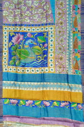 Cobalt blue hand painted zari pure tussar kalamkari saree colorful patterned fabric 5