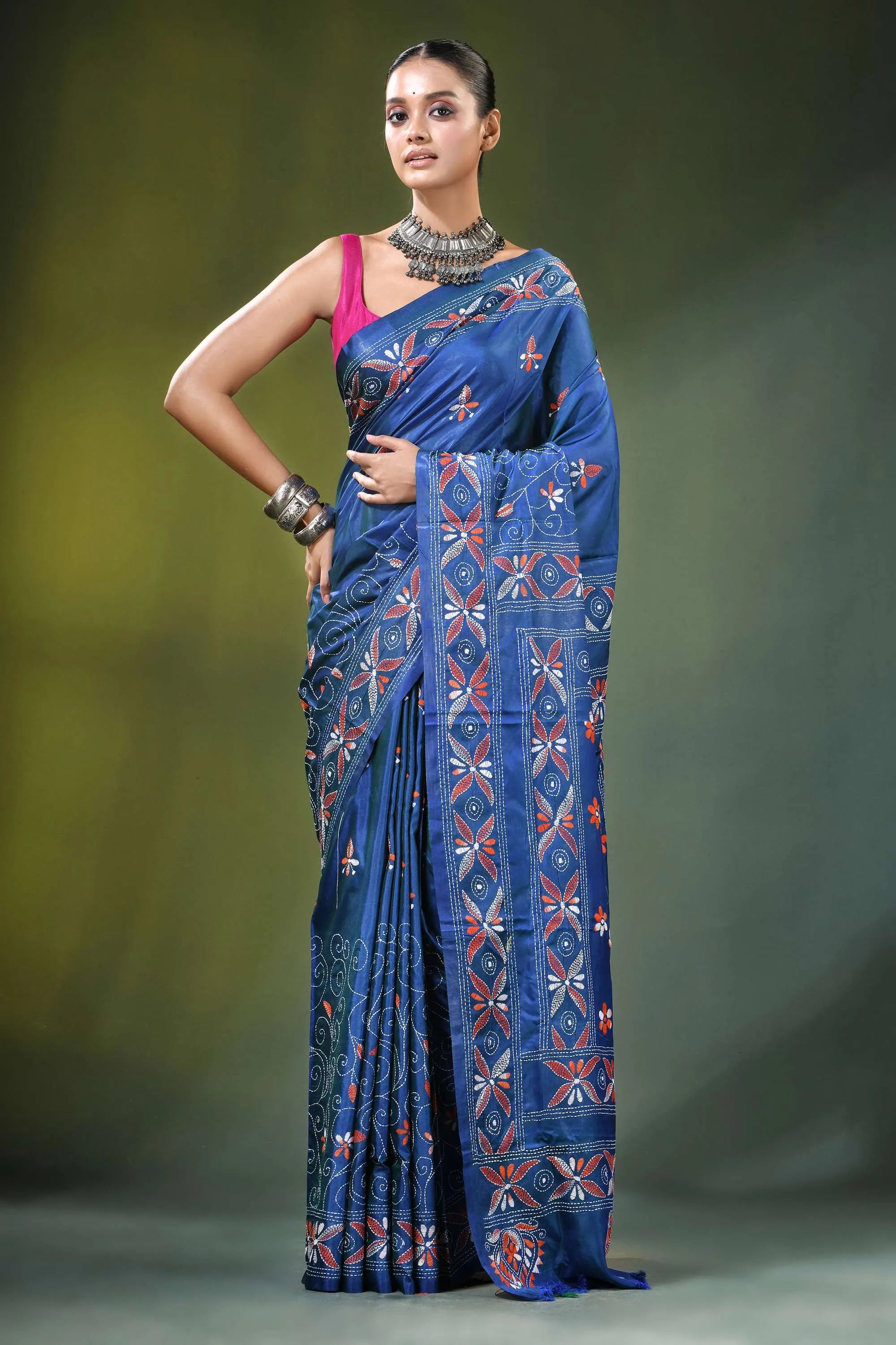 Cobalt blue handmade paisley motif kantha silk saree rich adorned 6