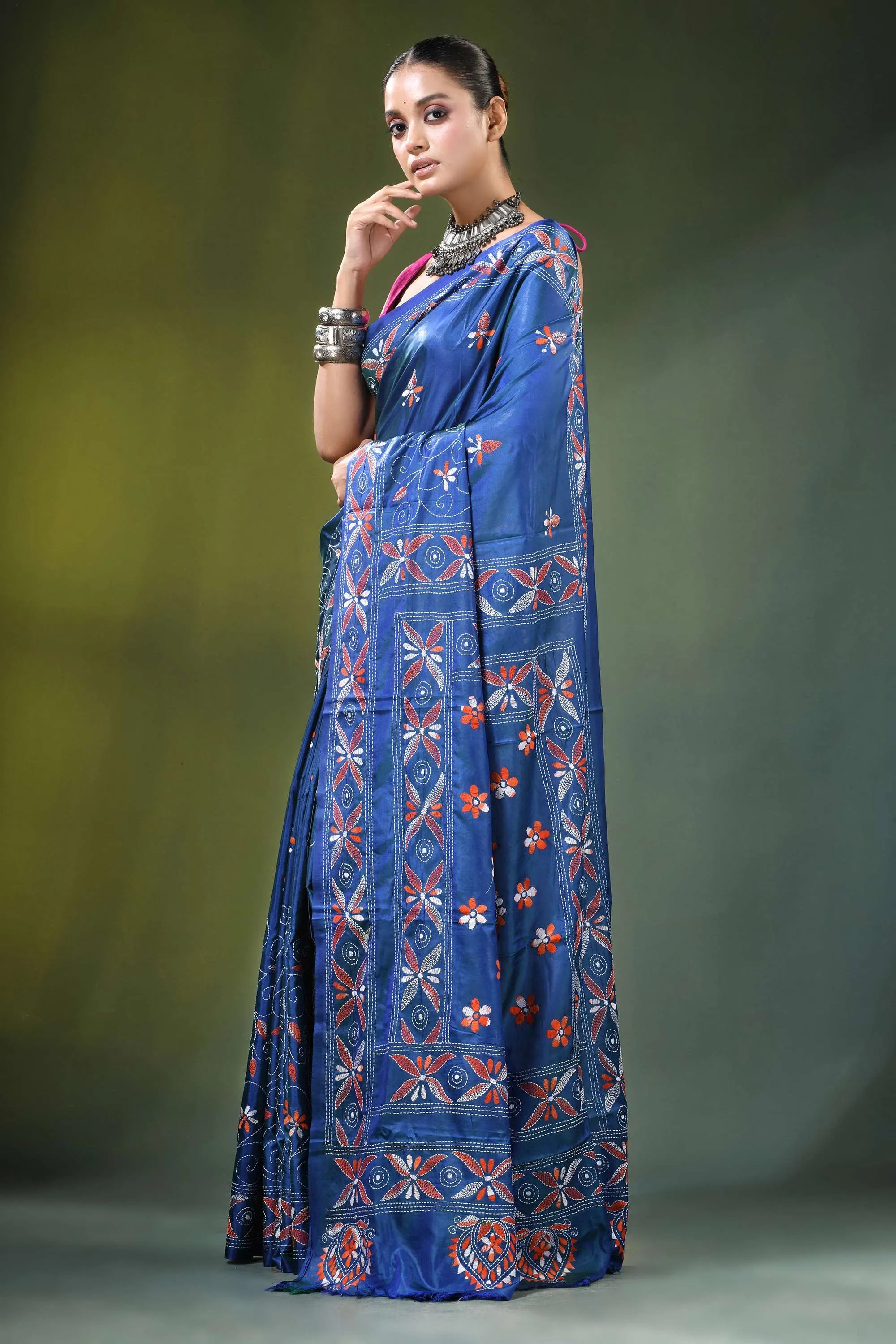 Cobalt blue handmade paisley motif kantha silk saree rich adorned 3