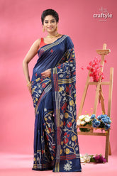Cobalt blue hibiscus motif handcrafted silk kantha saree navy blue silk saree colorful 6