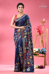 Cobalt blue hibiscus motif handcrafted silk kantha saree woman dark blue printed saree 1