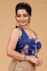 Cobalt blue leaf motif pure cotton blouse - wax batik dark blue sleeveless crop colorful 4