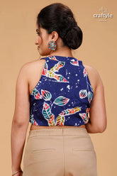Cobalt blue leaf motif pure cotton blouse - wax batik woman blue halter-neck crop colorful 2