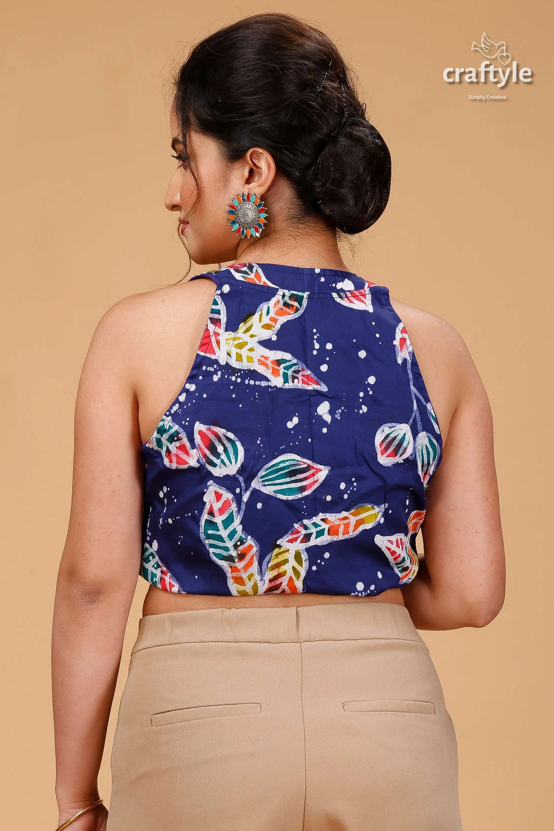 Cobalt blue leaf motif pure cotton blouse - wax batik woman halter-neck crop colorful 2