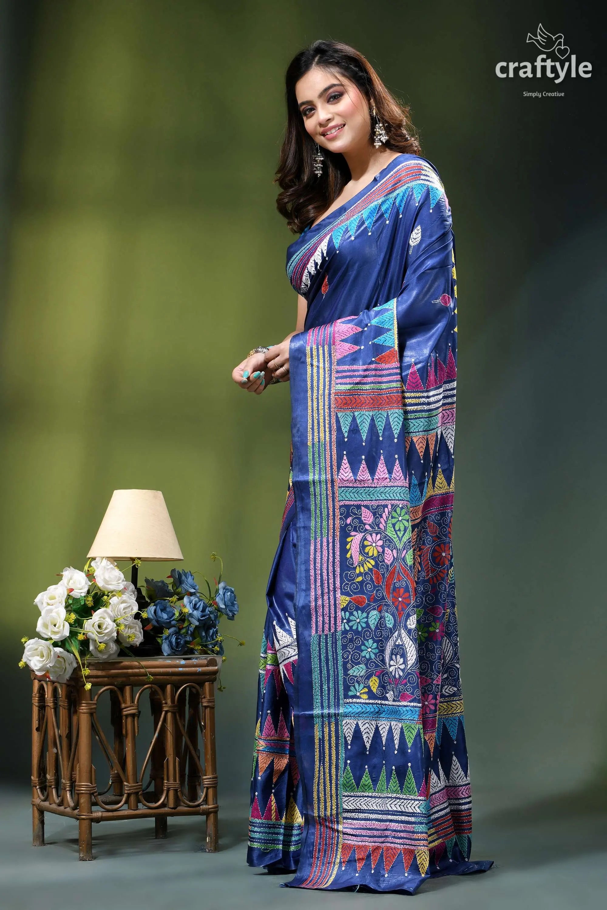 Cobalt blue premium hand kantha embroidery silk saree vibrant blue silk saree adorned 3