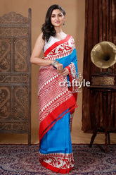 Cobalt blue & red jamdani motif hand block pure mulberry silk saree blue red patterned saree 3