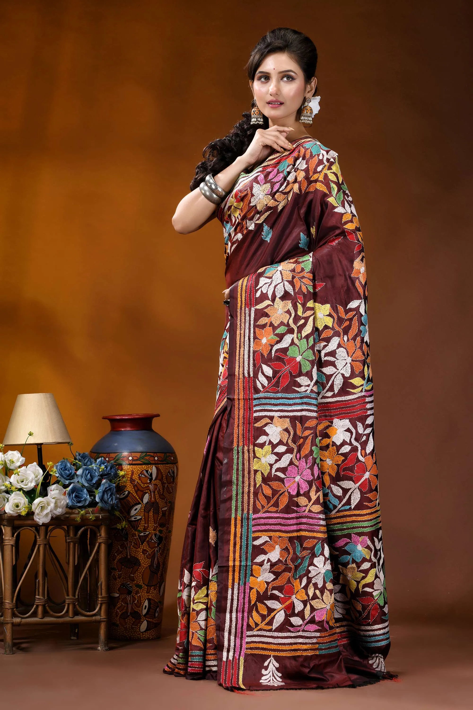 Cocoa bean hand embroidered silk kantha stitch saree - multicolor floral motif maroon silk saree adorned vibrant 3