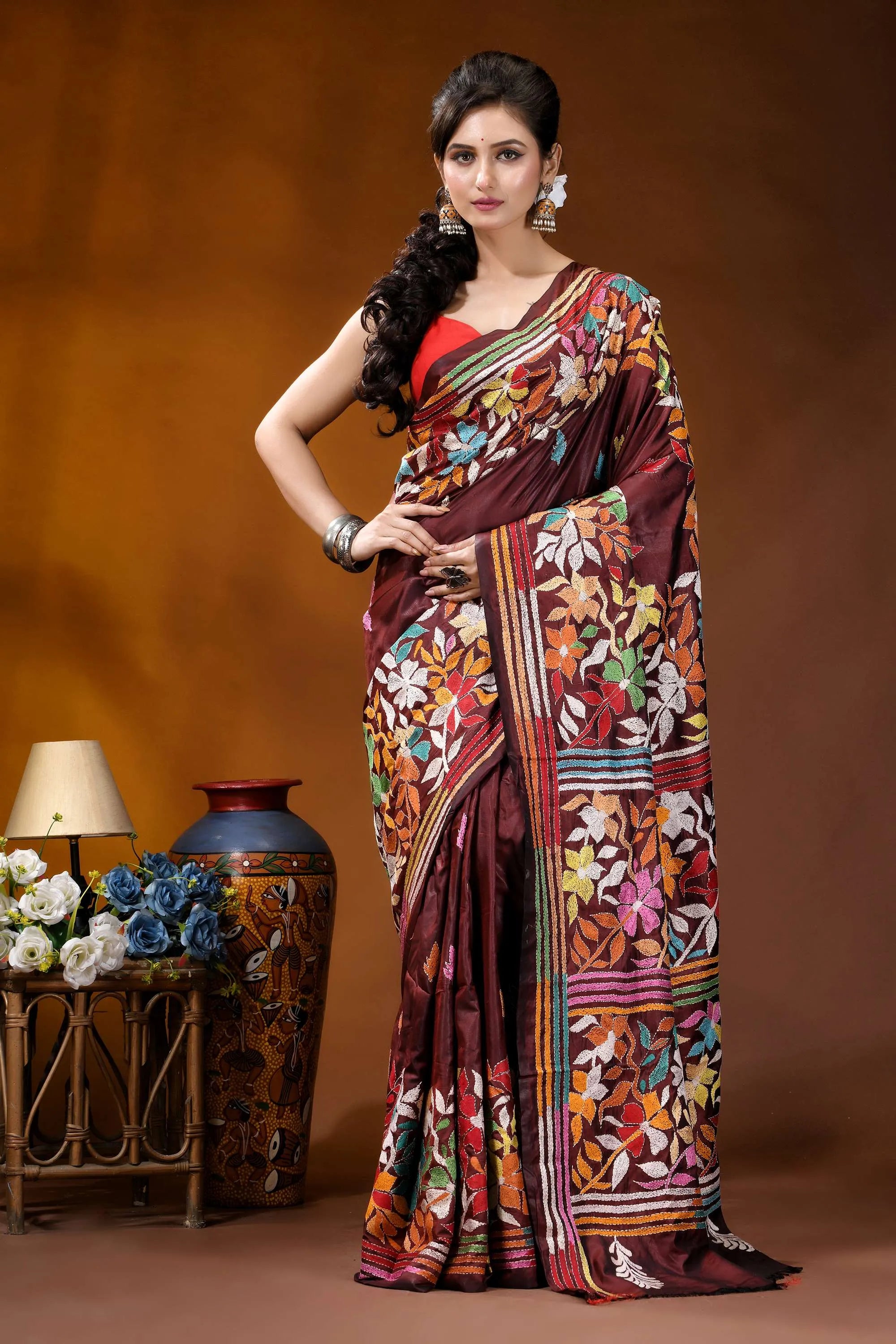 Cocoa bean hand embroidered silk kantha stitch saree - multicolor floral motif maroon silk saree adorned vibrant 1