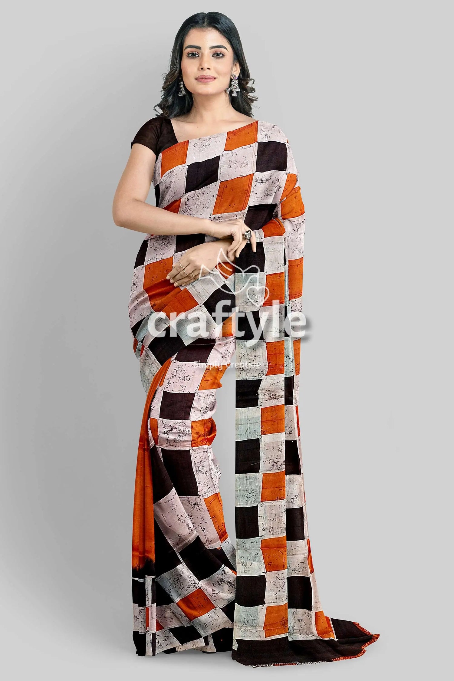 Cocoa brown and black hand batik mulberry pure silk saree - woman checkered saree 4