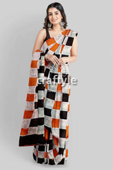 Cocoa brown and black hand batik mulberry pure silk saree - woman checkered saree 1