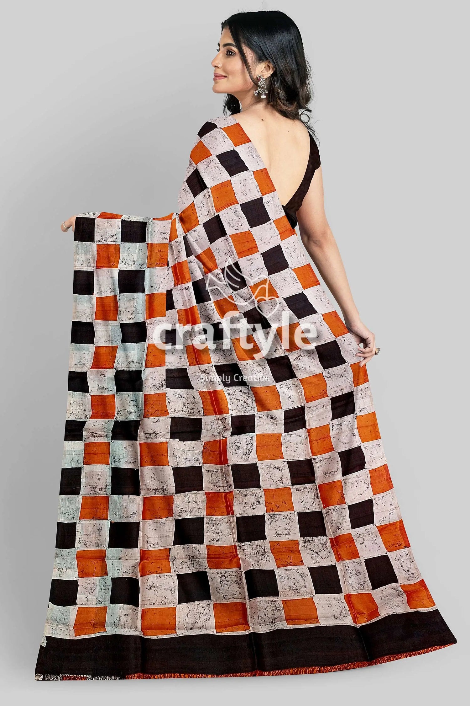 Cocoa brown and black hand batik mulberry pure silk saree - checkered saree black border 6