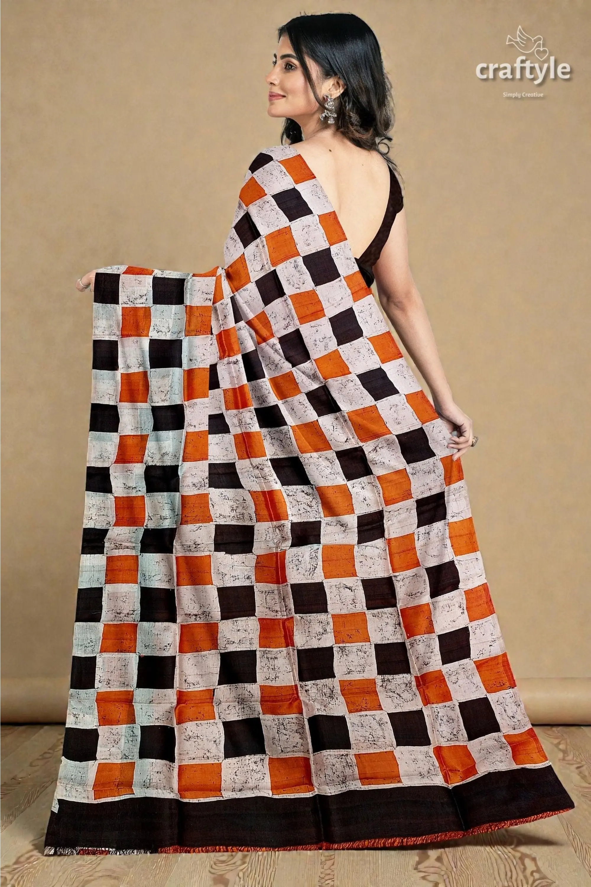 Cocoa brown and black hand batik mulberry pure silk saree - 6