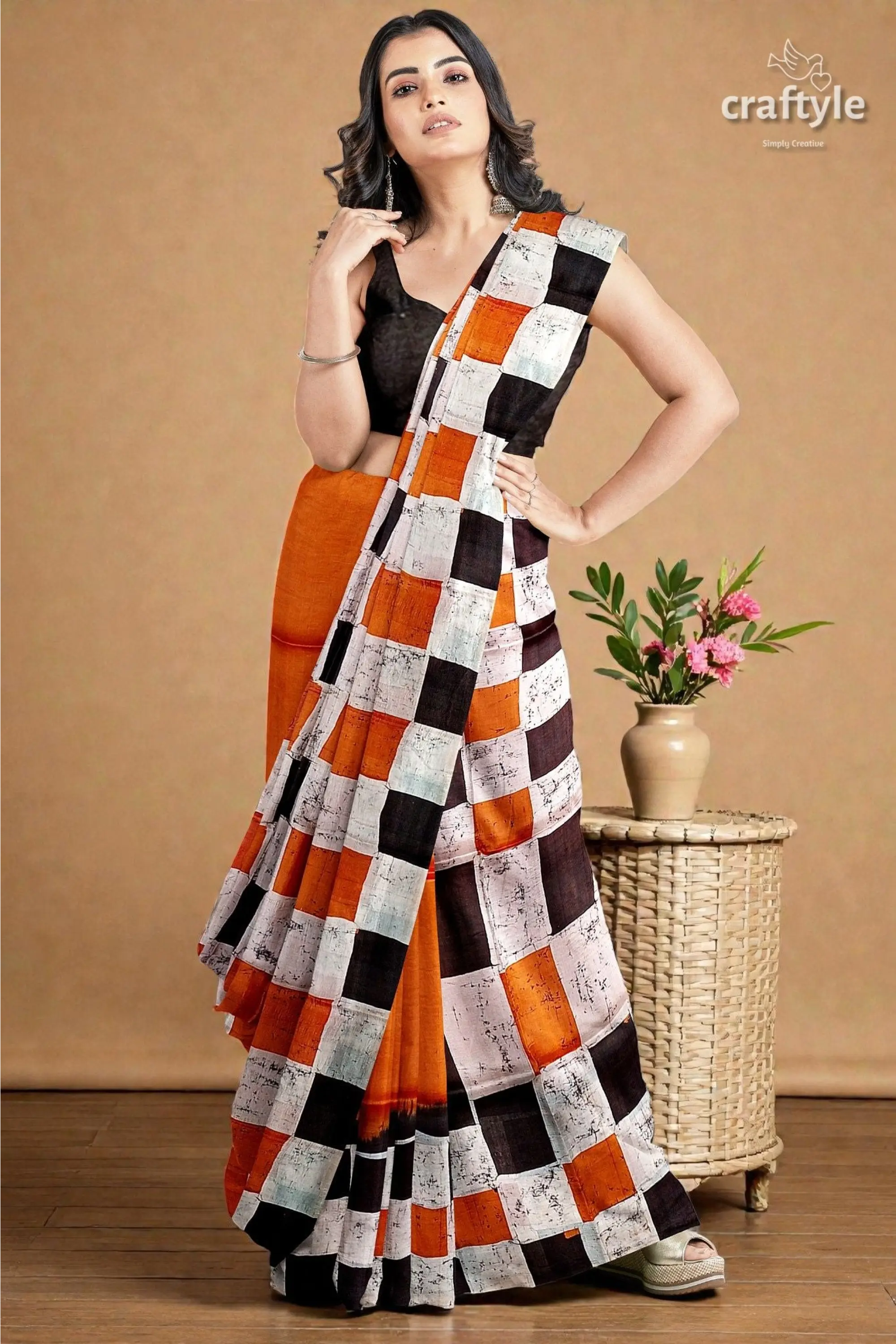 Cocoa brown and black hand batik mulberry pure silk saree - 3