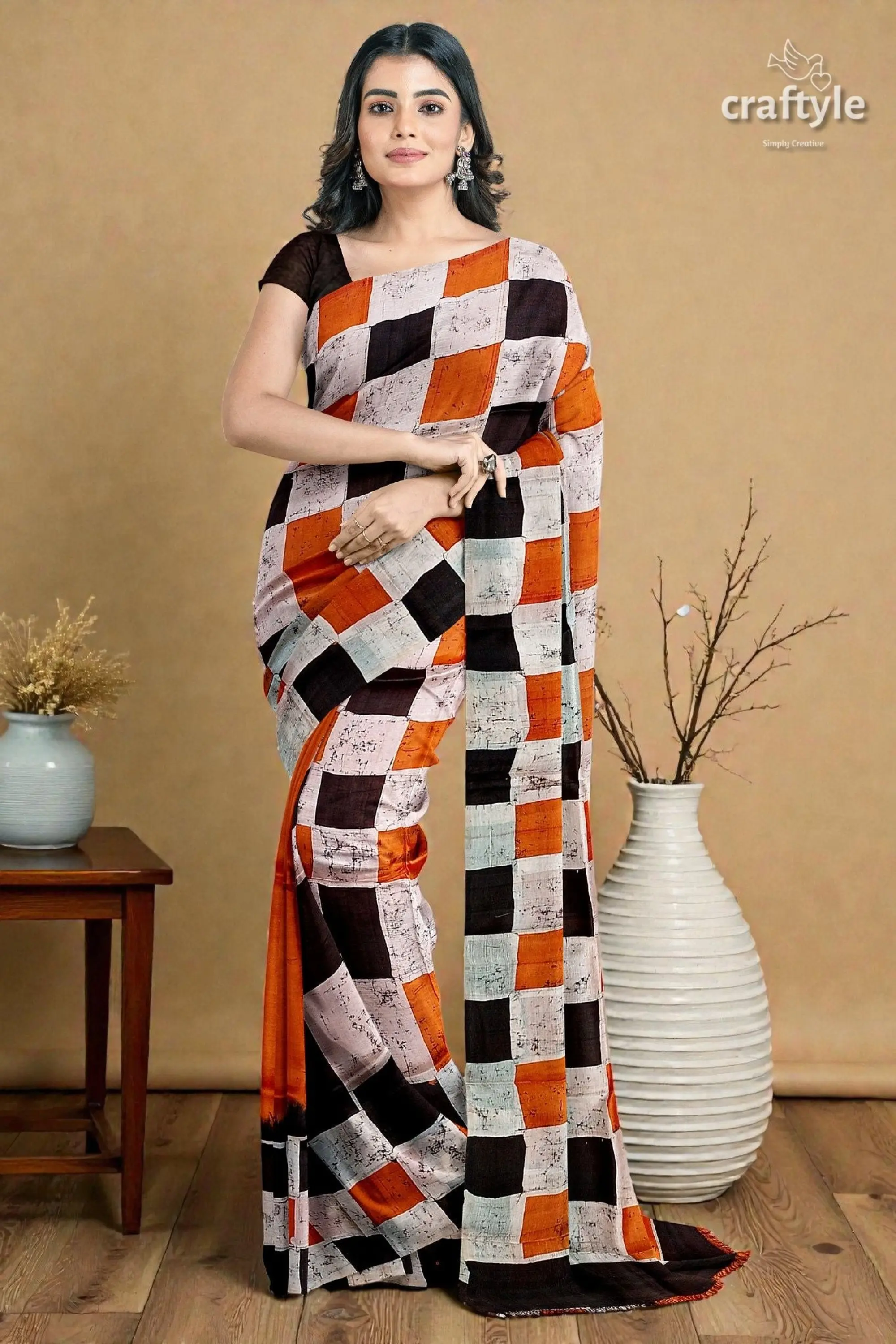 Cocoa brown and black hand batik mulberry pure silk saree - 1