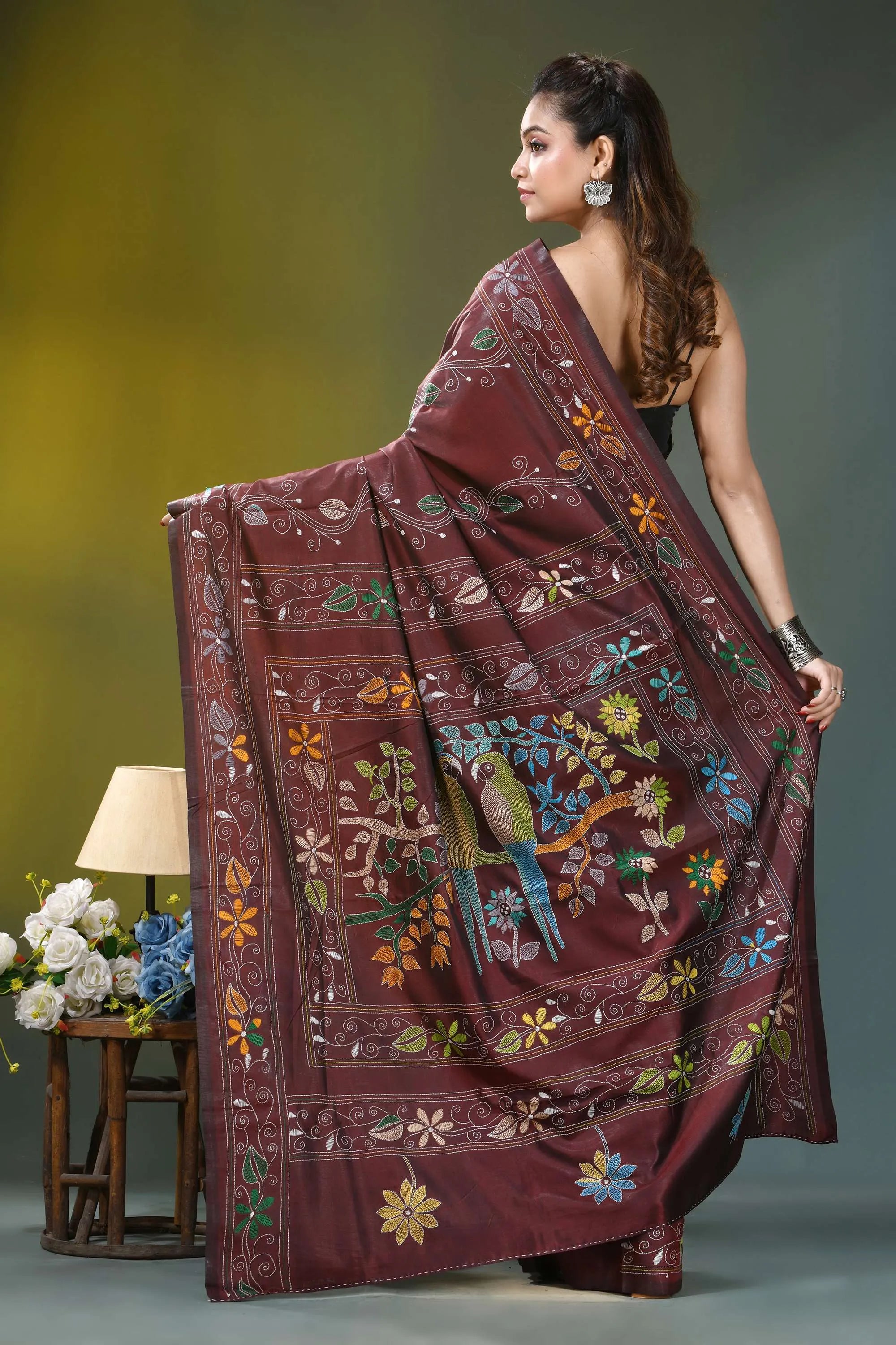 Coffee brown bird motif silk kantha stitch saree maroon silk saree adorned intricate 4