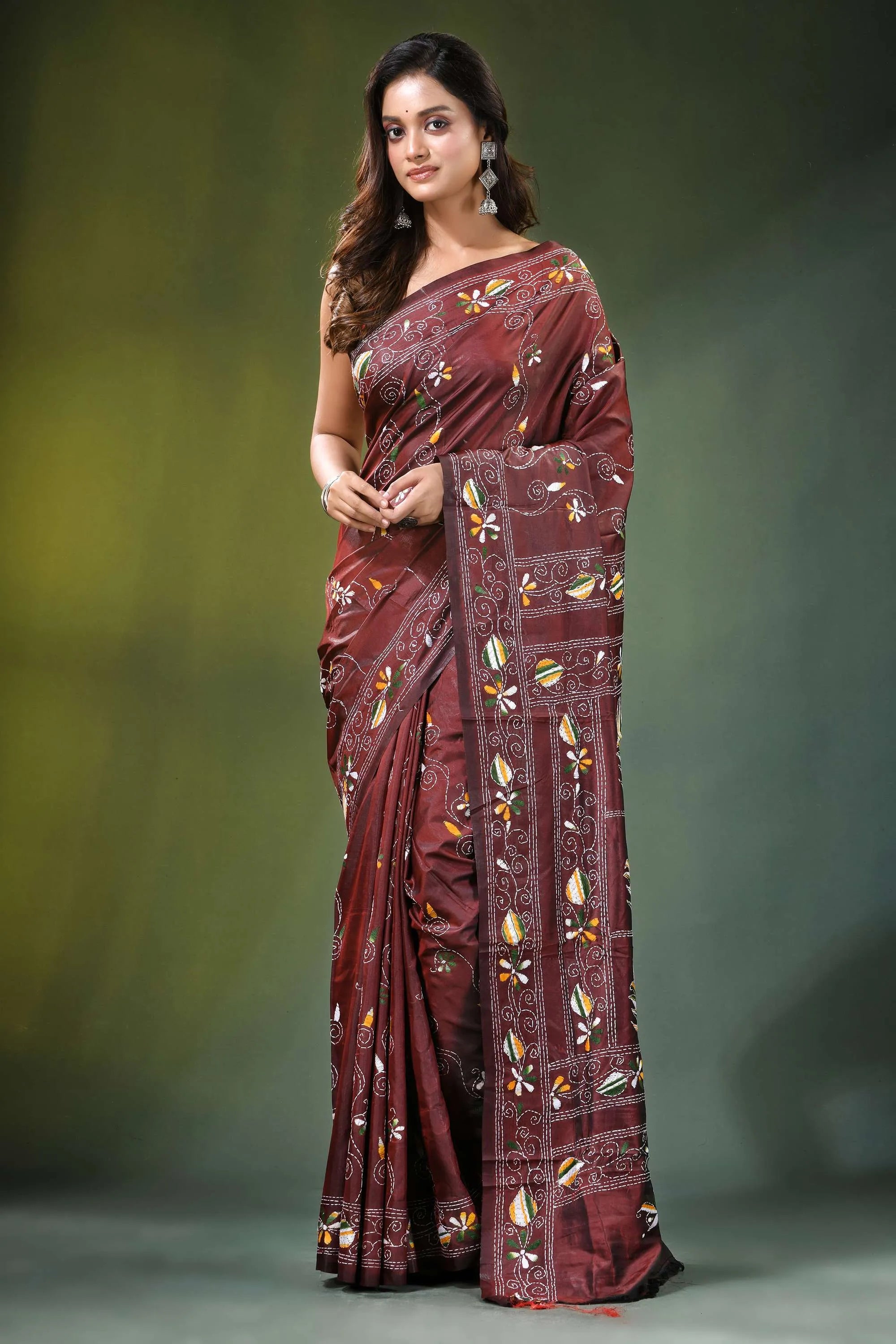 Coffee brown lotus motif handcrafted silk kantha saree maroon adorned intricate 1