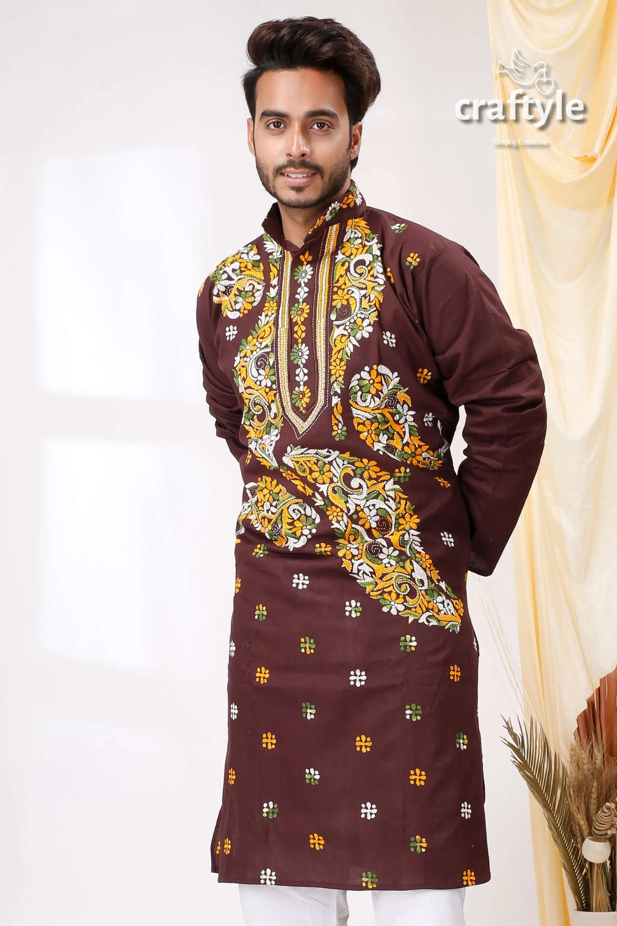 Coffee brown multithread design kantha cotton punjabi for men maroon kurta intricate yellow white 2