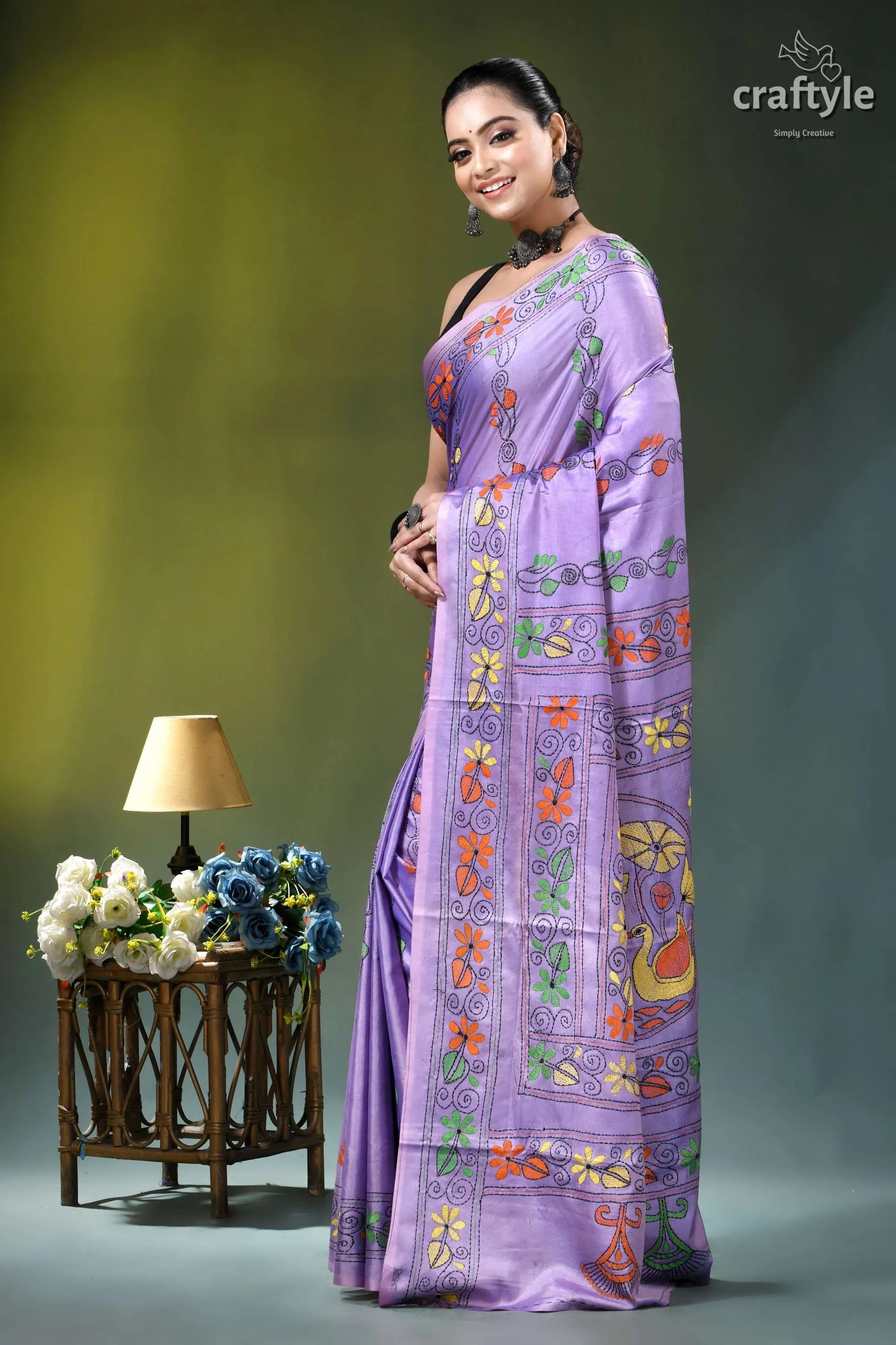 Cold purple swan design hand embroidered silk kantha saree vibrant lavender saree adorned colorful 3