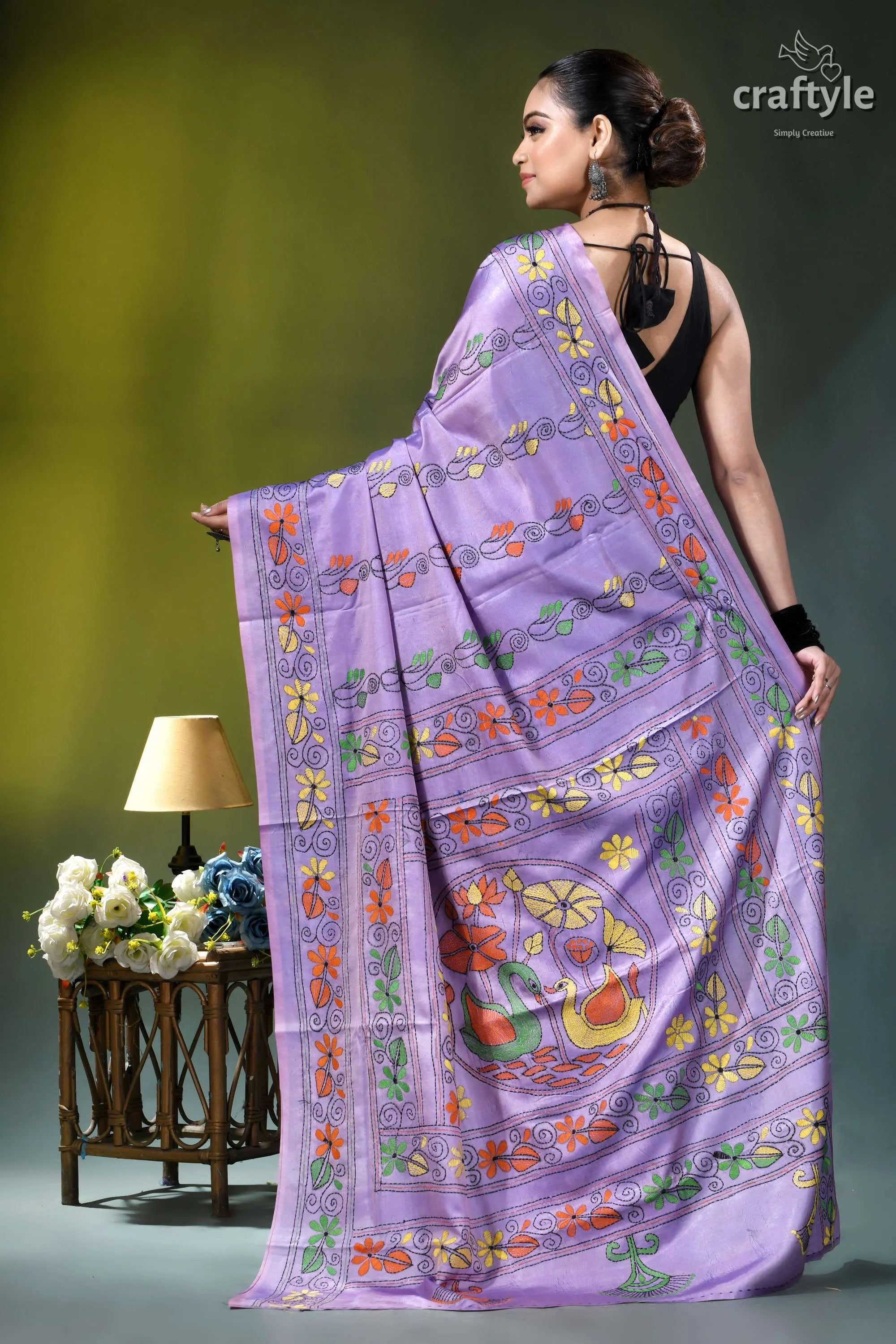 Cold purple swan design hand embroidered silk kantha saree lavender-colored saree intricate floral peacock 5