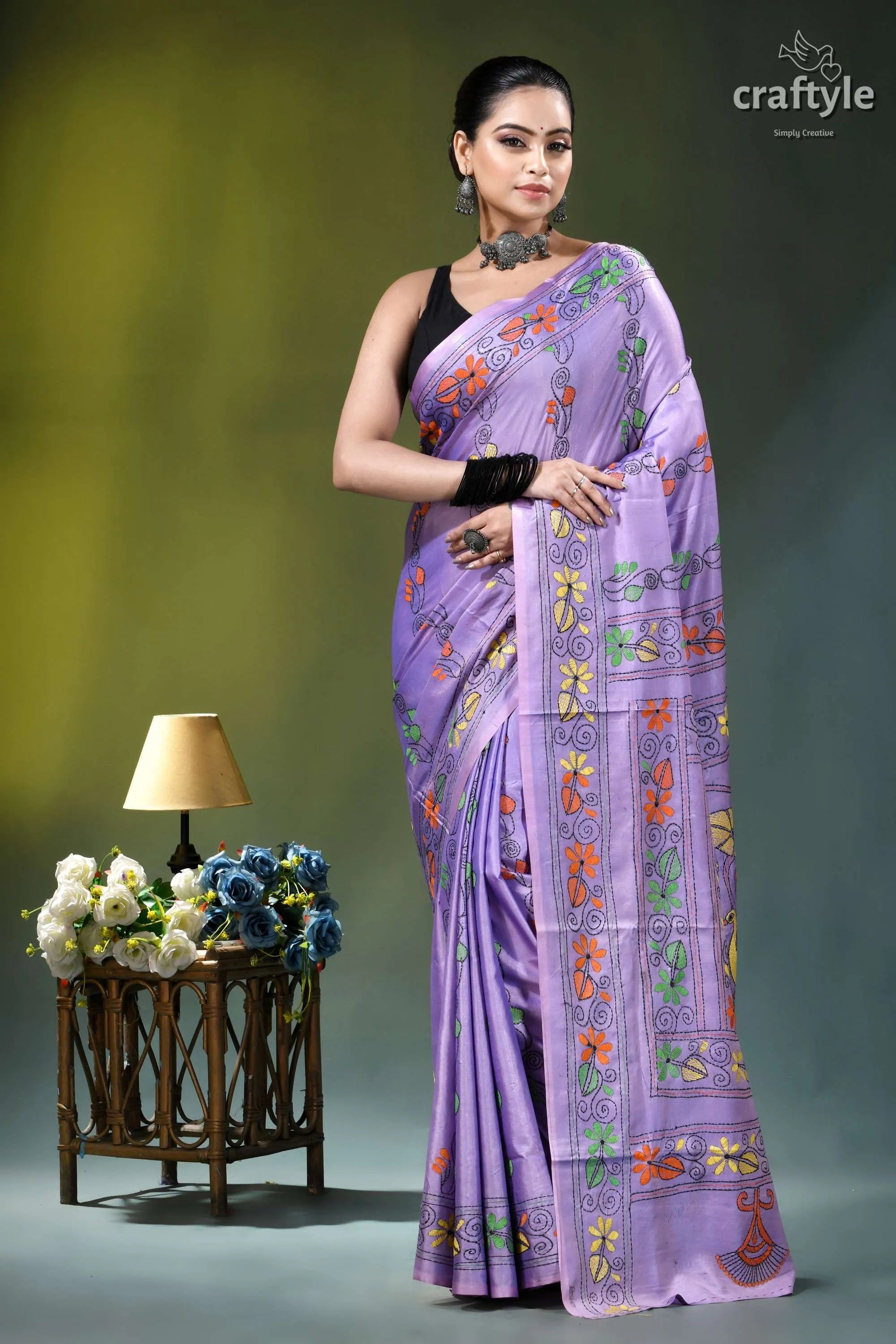 Cold purple swan design hand embroidered silk kantha saree lavender silk saree adorned colorful 6