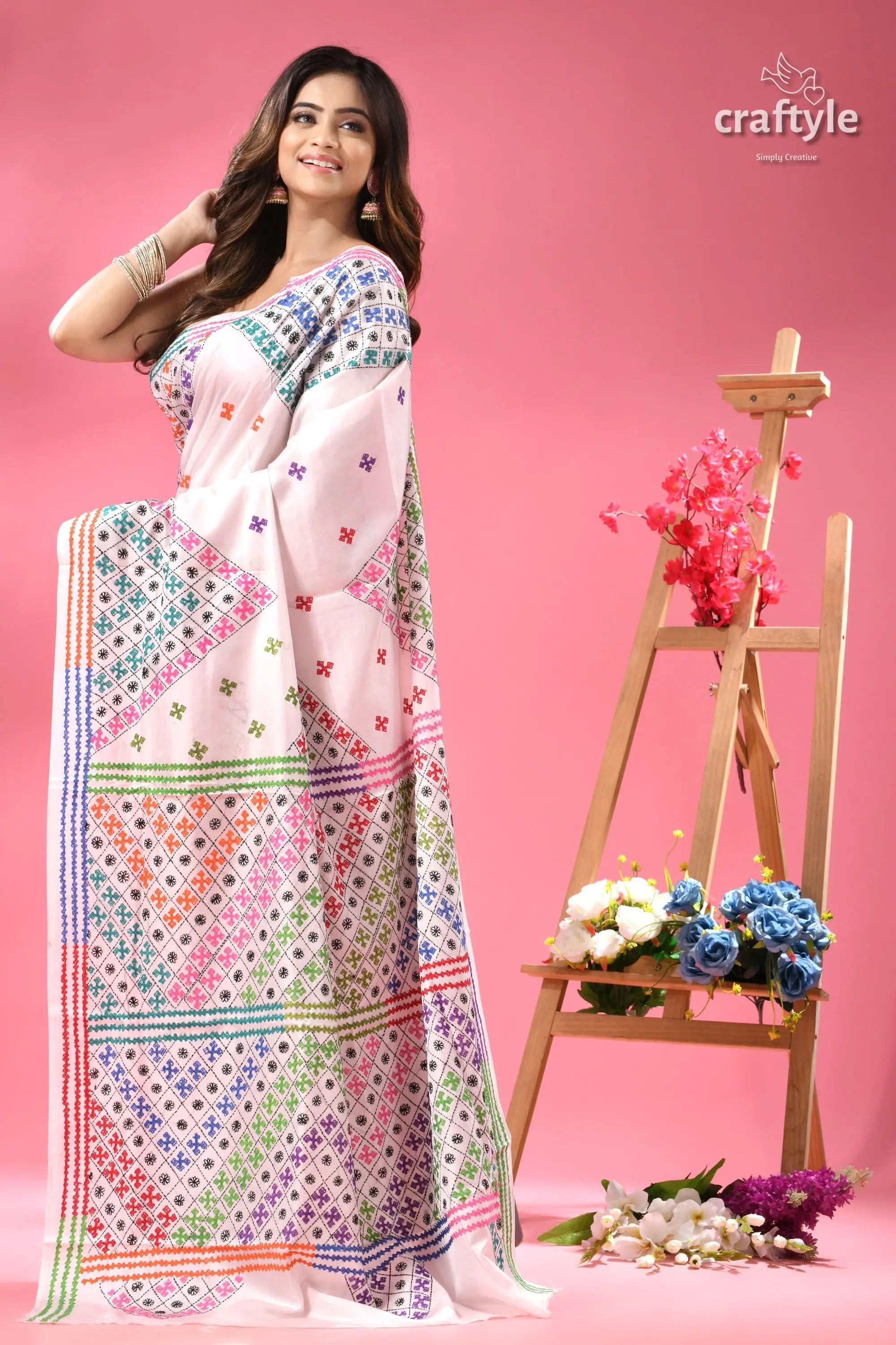 Colorful kutch work white silk embroidered saree white saree colorful geometric embroidery 3