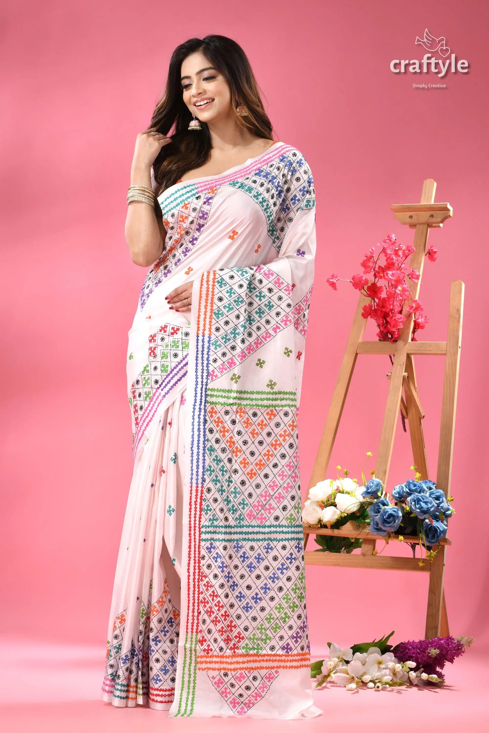 Colorful kutch work white silk embroidered saree white saree colorful embroidered patterns 6
