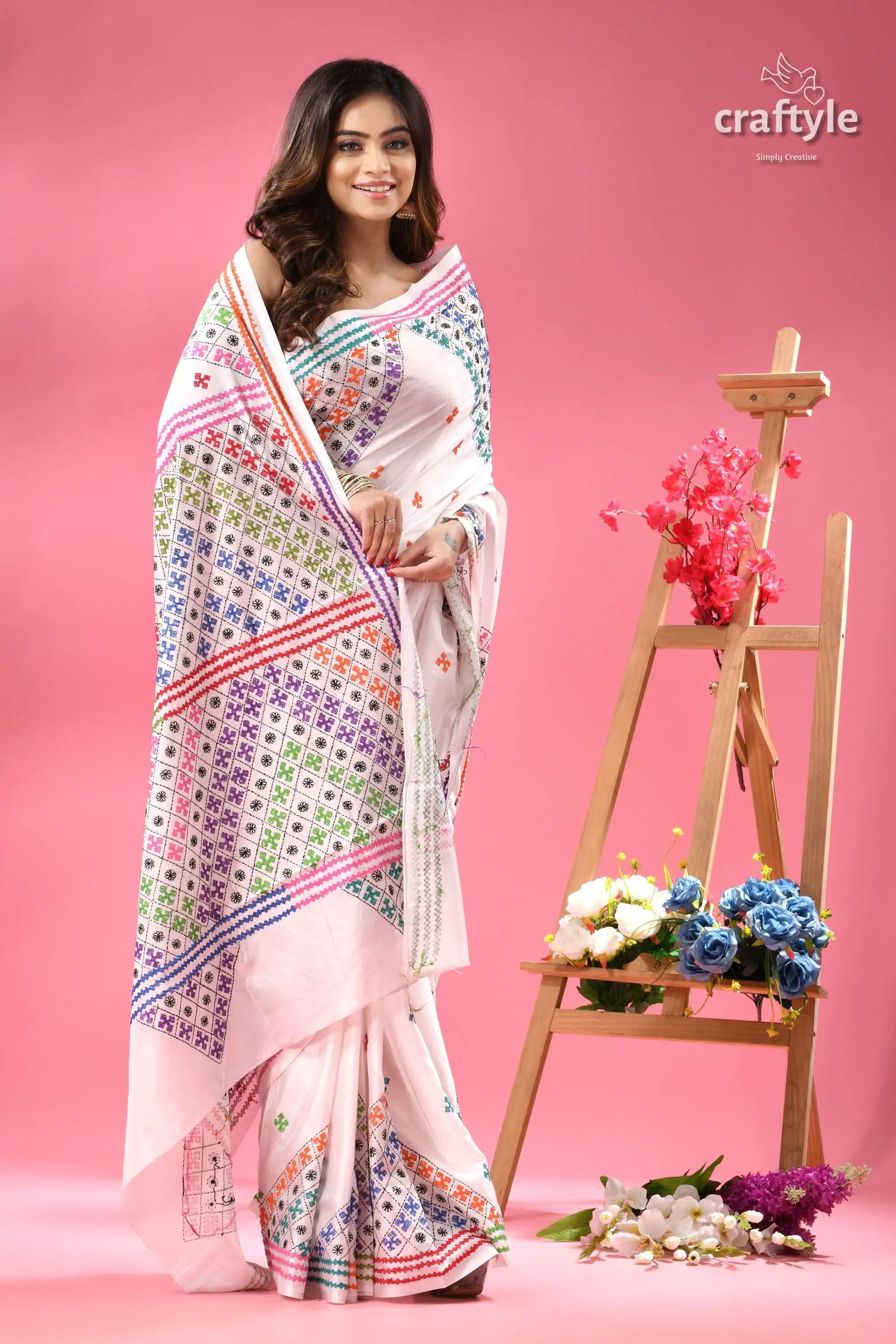 Colorful kutch work white silk embroidered saree white cotton saree colorful embroidered 4
