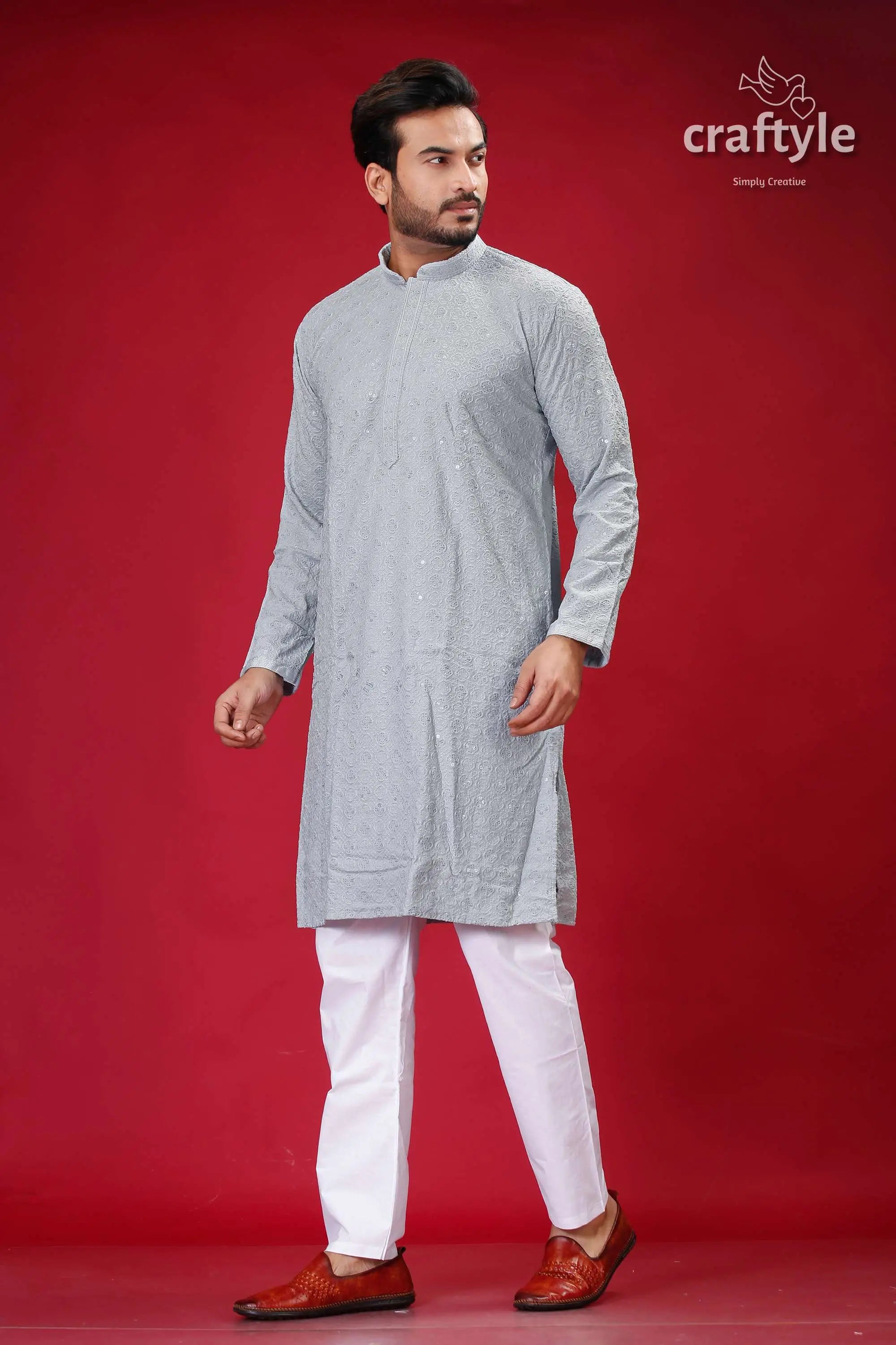 Columbia blue chikankari kurta for men with sequin embellishments man kurta pajama 3