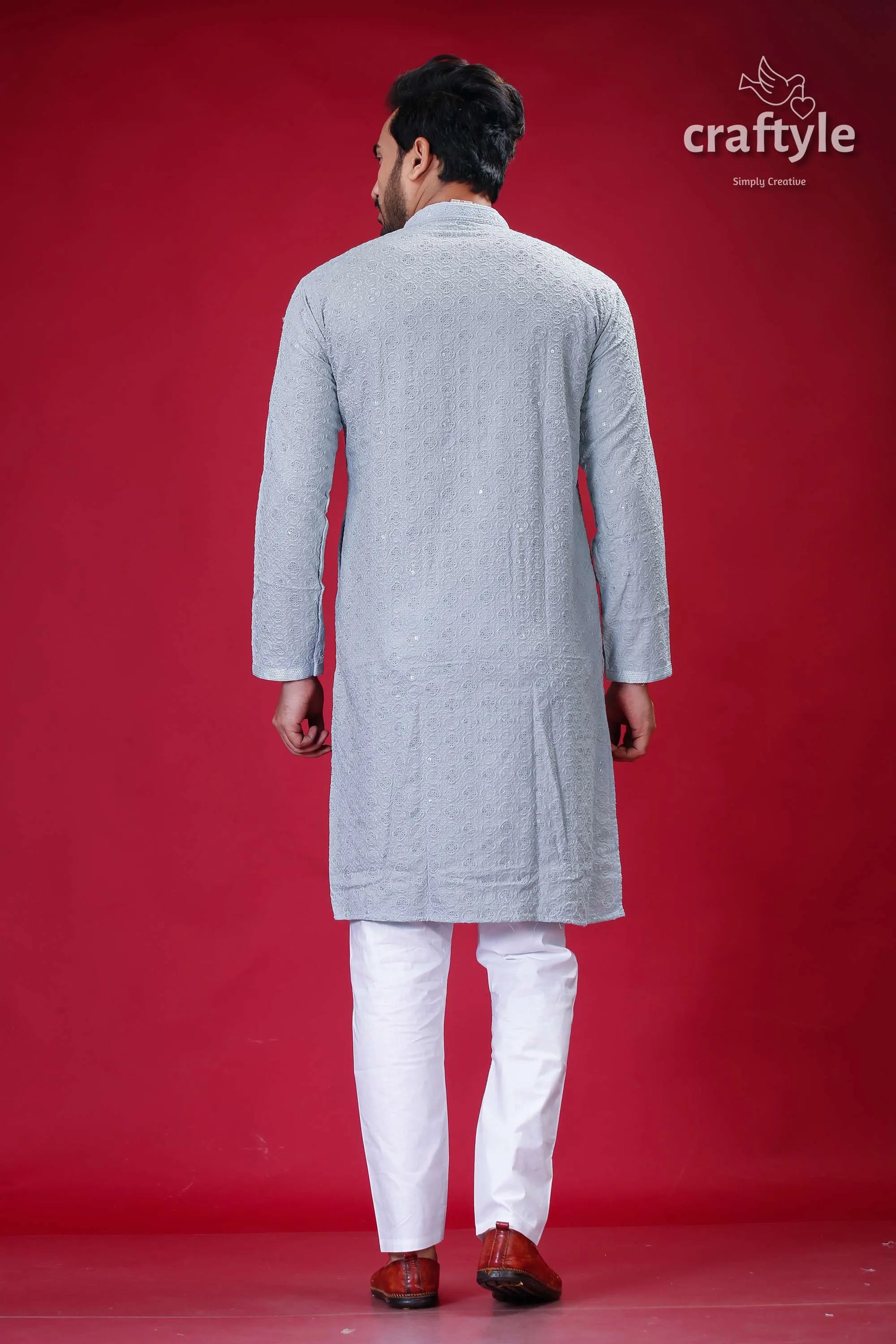 Columbia blue chikankari kurta for men with sequin embellishments man gray white pants 5